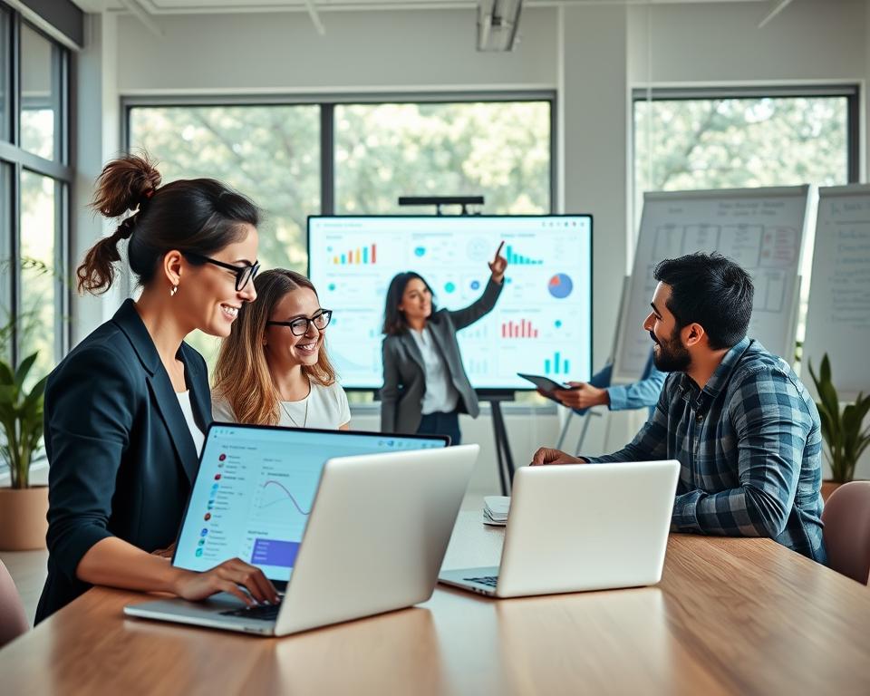 A bright, modern office environment showcasing a diverse team of four professionals engaged in a collaborative Notion database session. In the foreground, two individuals, a woman in business attire and a man in smart casual wear, are focused on a laptop displaying a Notion database with colorful relation lines. In the middle, a woman enthusiastically points at a large digital screen showing graphs and charts derived from the database, while a man takes notes on a tablet. The background features large windows letting in natural light, plants, and a whiteboard filled with brainstorming notes. The overall atmosphere is energetic and collaborative, conveying the benefits of teamwork and efficient data management. Use a soft focus to highlight the professionals while keeping the background in clear detail.
