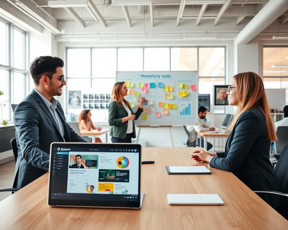 A bright, modern office space featuring a diverse marketing team engaged in a collaborative meeting. In the foreground, two professionals in business attire are discussing productivity tools, with a laptop displaying Monday.com and Asana interfaces prominently on a conference table. The middle layer includes a whiteboard filled with colorful charts and post-it notes, showcasing user feedback and reviews. The background shows large windows letting in natural light, creating a warm atmosphere, and additional team members working at their desks, focused on their tasks. The scene is lively yet professional, highlighting teamwork and tool usage in a dynamic marketing environment. The lighting is soft and inviting, promoting an atmosphere of productivity and creativity. A bright, modern office space featuring a diverse marketing team engaged in a collaborative meeting. In the foreground, two professionals in business attire are discussing productivity tools, with a laptop displaying Monday.com and Asana interfaces prominently on a conference table. The middle layer includes a whiteboard filled with colorful charts and post-it notes, showcasing user feedback and reviews. The background shows large windows letting in natural light, creating a warm atmosphere, and additional team members working at their desks, focused on their tasks. The scene is lively yet professional, highlighting teamwork and tool usage in a dynamic marketing environment. The lighting is soft and inviting, promoting an atmosphere of productivity and creativity.