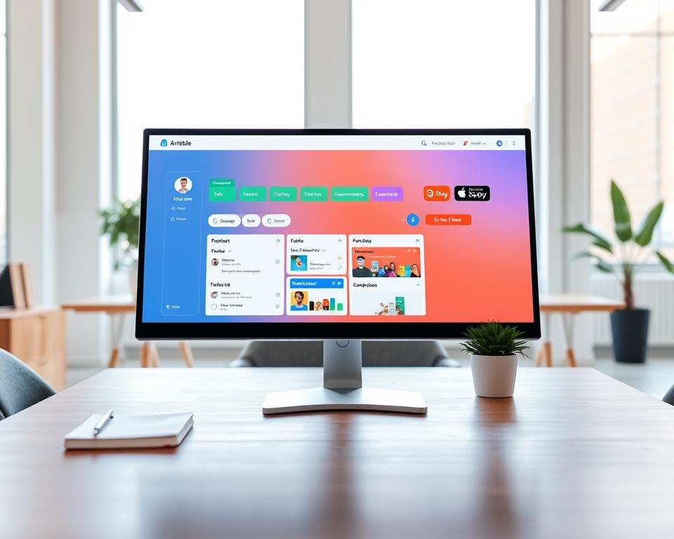 A clean and modern Airtable client portal design displayed on a sleek computer monitor, positioned prominently in the foreground. The screen shows an organized dashboard with vibrant colors, showcasing project management features like task lists, timelines, and client communications. In the middle ground, a stylish and minimalistic workspace is visible, with a polished wooden table, a neatly arranged notebook, and a potted plant, contributing to a professional atmosphere. The background features a bright and airy office with large windows, letting in natural light to enhance the overall mood of productivity and innovation. The scene is captured from a slight angle, giving depth to the composition, and emphasizing the modern aesthetic of digital workspace design. The lighting is soft and inviting, promoting a sense of inspiration and creative energy. A clean and modern Airtable client portal design displayed on a sleek computer monitor, positioned prominently in the foreground. The screen shows an organized dashboard with vibrant colors, showcasing project management features like task lists, timelines, and client communications. In the middle ground, a stylish and minimalistic workspace is visible, with a polished wooden table, a neatly arranged notebook, and a potted plant, contributing to a professional atmosphere. The background features a bright and airy office with large windows, letting in natural light to enhance the overall mood of productivity and innovation. The scene is captured from a slight angle, giving depth to the composition, and emphasizing the modern aesthetic of digital workspace design. The lighting is soft and inviting, promoting a sense of inspiration and creative energy.