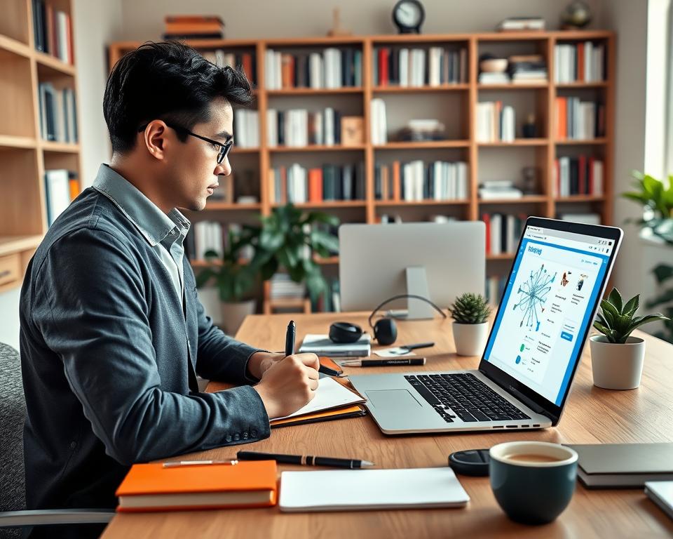 A clean and modern workspace featuring a laptop displaying the Logseq interface, open to a vibrant knowledge graph with connected notes. In the foreground, a professional individual in business casual attire thoughtfully engages with the software, taking notes on a notepad. The middle ground includes a stylish desk cluttered with stationery, a cup of coffee, and a potted plant, adding a touch of warmth. The background should showcase a bright, well-lit room with bookshelves filled with neatly organized books and a window letting in natural light, creating an inviting atmosphere. The overall mood is focused and productive, emphasizing the utility of Logseq for organized note-taking and knowledge management. A clean and modern workspace featuring a laptop displaying the Logseq interface, open to a vibrant knowledge graph with connected notes. In the foreground, a professional individual in business casual attire thoughtfully engages with the software, taking notes on a notepad. The middle ground includes a stylish desk cluttered with stationery, a cup of coffee, and a potted plant, adding a touch of warmth. The background should showcase a bright, well-lit room with bookshelves filled with neatly organized books and a window letting in natural light, creating an inviting atmosphere. The overall mood is focused and productive, emphasizing the utility of Logseq for organized note-taking and knowledge management.