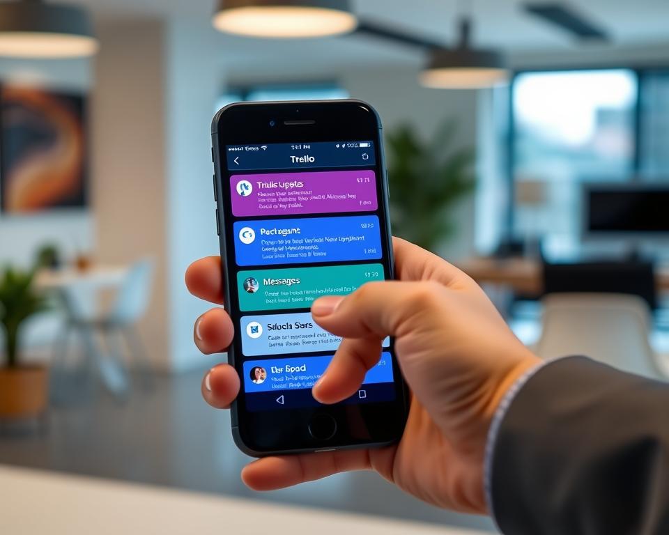 A close-up of a smartphone displaying Trello and Slack mobile notifications, shown from a slight angle to emphasize the screen's clarity. The screen is illuminated with vibrant colors highlighting various notification types, such as task updates and message alerts. In the foreground, a hand in a professional business attire reaches towards the phone, suggesting interaction. The background features a blurred office setting with modern decor, soft natural lighting streaming through a window, creating a productive atmosphere. The mood is focused and engaged, symbolizing the importance of staying connected through mobile notifications while working. A close-up of a smartphone displaying Trello and Slack mobile notifications, shown from a slight angle to emphasize the screen's clarity. The screen is illuminated with vibrant colors highlighting various notification types, such as task updates and message alerts. In the foreground, a hand in a professional business attire reaches towards the phone, suggesting interaction. The background features a blurred office setting with modern decor, soft natural lighting streaming through a window, creating a productive atmosphere. The mood is focused and engaged, symbolizing the importance of staying connected through mobile notifications while working.