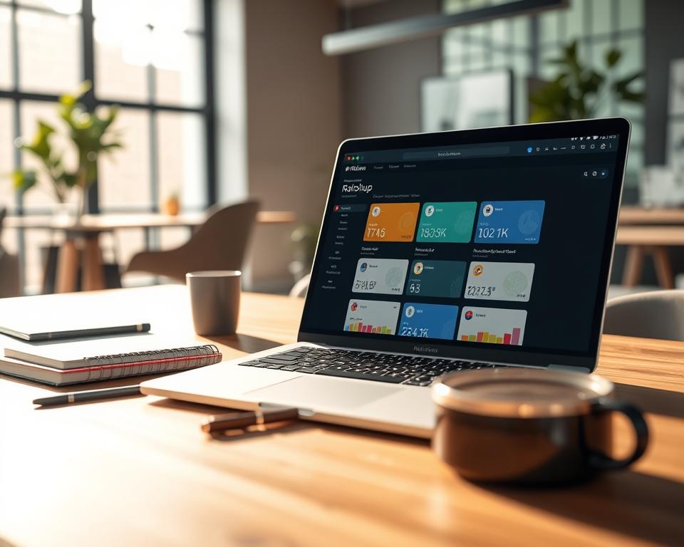 A close-up view of a Notion workspace showcasing the rollup feature in action. In the foreground, show a sleek laptop screen displaying a beautifully organized database with a highlighted rollup section that aggregates data visually, featuring colorful cards and clear metrics. The middle ground should include a stylish desk setup with stationery like notebooks, pens, and a coffee mug, evoking a productive environment. In the background, softly blurred, there should be a modern office space with a large window letting in natural light, casting gentle shadows across the desk. Use a warm color palette to create an inviting and focused atmosphere, captured from a slight angle for dynamic depth, giving a feeling of efficiency and creativity.