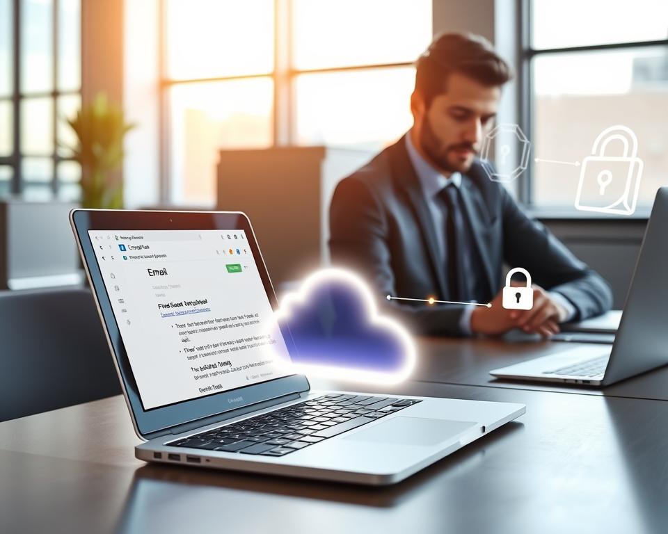 A contemporary office setting featuring a sleek workstation with a laptop open, displaying an email interface with attachments ready for download. In the foreground, a professional in smart casual attire is focused on the screen, emphasizing concentration and privacy during the process of transferring files to Google Drive. The middle area showcases a digital representation of cloud storage, symbolizing secure data management, with glowing lines connecting the email to the cloud. Bright, natural lighting filters through a large window, casting a warm glow on the scene, creating an atmosphere of productivity and security. In the background, abstract representations of data encryption and privacy icons float subtly, reinforcing the theme of safeguarding information. The image captures a sense of modern efficiency while highlighting the importance of maintaining privacy in digital communications. A contemporary office setting featuring a sleek workstation with a laptop open, displaying an email interface with attachments ready for download. In the foreground, a professional in smart casual attire is focused on the screen, emphasizing concentration and privacy during the process of transferring files to Google Drive. The middle area showcases a digital representation of cloud storage, symbolizing secure data management, with glowing lines connecting the email to the cloud. Bright, natural lighting filters through a large window, casting a warm glow on the scene, creating an atmosphere of productivity and security. In the background, abstract representations of data encryption and privacy icons float subtly, reinforcing the theme of safeguarding information. The image captures a sense of modern efficiency while highlighting the importance of maintaining privacy in digital communications.