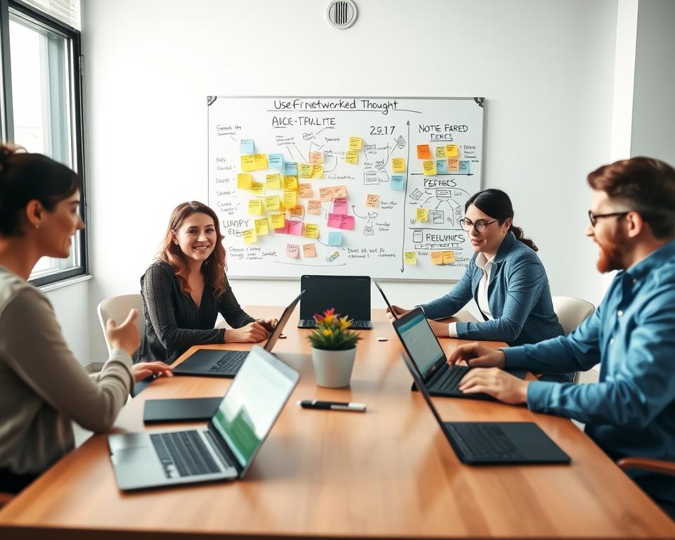 A cozy, modern workspace scene focused on a community support meeting for a note-taking app. In the foreground, a diverse group of three professionals—two women and one man—are engaged in a discussion around a large table filled with laptops and digital tablets displaying user-friendly note-taking interfaces. They are dressed in smart casual attire, appearing animated and collaborative. The middle ground features a whiteboard filled with colorful sticky notes and diagrams illustrating concepts of networked thought. In the background, a large window lets in natural light, creating a warm and inviting atmosphere. Soft shadows add depth, while a wide-angle lens captures the sense of community and shared knowledge. The mood is supportive and innovative, emphasizing collaboration in digital note-taking.