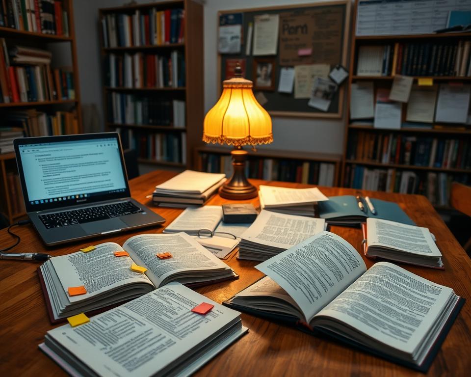 A cozy, well-lit study room showcasing a collection of "PhD reference materials" on a large, wooden table. In the foreground, a stack of open reference books, their pages marked with colorful sticky notes, alongside a laptop displaying a collaborative research document. In the middle, the warm glow of an antique desk lamp casts soft light over scattered scholarly articles and notebooks, some with handwritten notes. In the background, bookshelves filled with volumes on diverse academic topics and a bulletin board covered with peer feedback notes and academic calendars. The mood is collaborative and focused, evoking a sense of intellectual engagement among doctoral candidates. The angle is a slightly elevated view, offering a comprehensive glimpse of the academic environment.