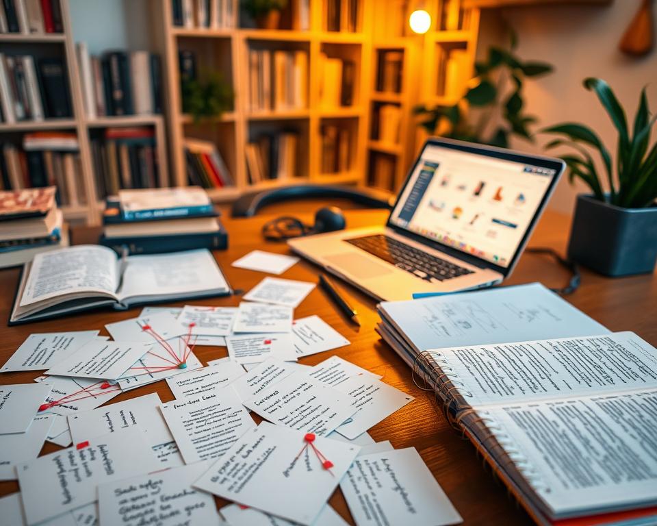A cozy workspace filled with books, notebooks, and a computer screen displaying the Obsidian app interface. In the foreground, a wooden desk cluttered with index cards featuring interconnected notes, each linked visually by vibrant strings or arrows, illustrating the Zettelkasten method. The middle ground shows a glowing laptop with an organized digital workspace, featuring tags and links, creating a dynamic web of knowledge. In the background, a softly lit room with shelves of books and a green plant, adding a touch of warmth. The lighting is warm and inviting, creating a productive atmosphere. The angle captures a slight top-down view, allowing for a comprehensive look at the notes and laptop setup, conveying a mood of inspiration and systematic creativity. A cozy workspace filled with books, notebooks, and a computer screen displaying the Obsidian app interface. In the foreground, a wooden desk cluttered with index cards featuring interconnected notes, each linked visually by vibrant strings or arrows, illustrating the Zettelkasten method. The middle ground shows a glowing laptop with an organized digital workspace, featuring tags and links, creating a dynamic web of knowledge. In the background, a softly lit room with shelves of books and a green plant, adding a touch of warmth. The lighting is warm and inviting, creating a productive atmosphere. The angle captures a slight top-down view, allowing for a comprehensive look at the notes and laptop setup, conveying a mood of inspiration and systematic creativity.