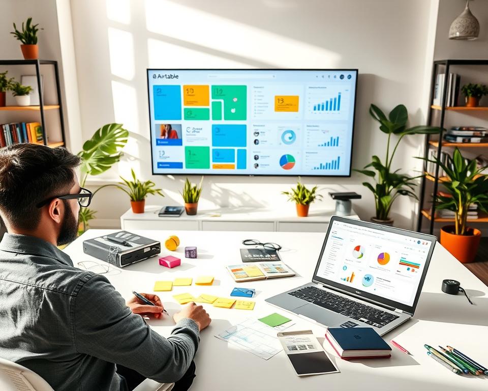 A creative workspace showcasing an Airtable designer actively crafting a customized client portal. In the foreground, a professional-looking designer, dressed in smart casual attire, is focused on a laptop displaying a vibrant and organized Airtable interface. Around the designer, various design elements like sticky notes, sketches, and digital mockups of client portals are scattered on a clean desk. In the middle layer, a large screen on the wall illustrates vibrant portal layouts and graphs, symbolizing efficiency and organization. The background features a stylish office environment with shelves filled with design books and indoor plants, creating a fresh, inspiring atmosphere. Soft, natural lighting enters through a window, casting gentle shadows, conveying a feeling of productivity and creativity. A creative workspace showcasing an Airtable designer actively crafting a customized client portal. In the foreground, a professional-looking designer, dressed in smart casual attire, is focused on a laptop displaying a vibrant and organized Airtable interface. Around the designer, various design elements like sticky notes, sketches, and digital mockups of client portals are scattered on a clean desk. In the middle layer, a large screen on the wall illustrates vibrant portal layouts and graphs, symbolizing efficiency and organization. The background features a stylish office environment with shelves filled with design books and indoor plants, creating a fresh, inspiring atmosphere. Soft, natural lighting enters through a window, casting gentle shadows, conveying a feeling of productivity and creativity.