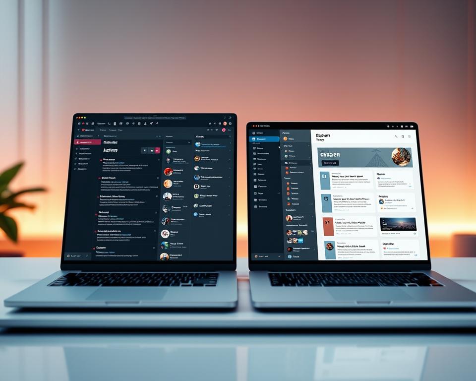 A detailed comparison image of the user interfaces of Obsidian and Roam Research, shown side by side on a sleek digital workspace. In the foreground, the left panel features Obsidian's dark theme with neatly organized notes and links, showcasing its unique graph view. The right panel displays Roam Research's light theme, highlighting its block-based structure and smooth, flowing layout. The middle ground connects the two interfaces with a soft gradient, emphasizing the contrast in design and functionality. The background has a subtle blur effect to keep the focus on the interfaces, with a warm, inviting atmosphere created by gentle ambient lighting. Include an elegant color palette with soft contrasts for a professional look, using a wide-angle perspective to give depth to the presentation.