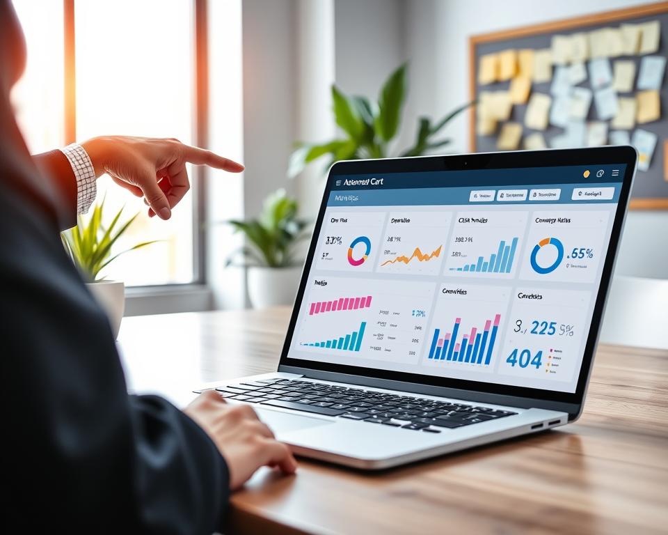 A digital workspace scene focusing on abandoned cart email metrics. In the foreground, a sleek laptop displays a colorful dashboard with various graphs and charts reflecting open rates, click-through rates, and conversion metrics, showcasing trends in abandoned cart recovery. To the left, a hand, dressed in a smart business attire, points to the metrics on the screen. The middle background features a stylish office environment with a large window illuminating the space with natural light, plants adding a touch of greenery. In the distance, a bulletin board covered with sticky notes and reminders about email strategies adds depth. The overall atmosphere is professional and motivating, highlighting efficiency and analysis in marketing strategies. A digital workspace scene focusing on abandoned cart email metrics. In the foreground, a sleek laptop displays a colorful dashboard with various graphs and charts reflecting open rates, click-through rates, and conversion metrics, showcasing trends in abandoned cart recovery. To the left, a hand, dressed in a smart business attire, points to the metrics on the screen. The middle background features a stylish office environment with a large window illuminating the space with natural light, plants adding a touch of greenery. In the distance, a bulletin board covered with sticky notes and reminders about email strategies adds depth. The overall atmosphere is professional and motivating, highlighting efficiency and analysis in marketing strategies.