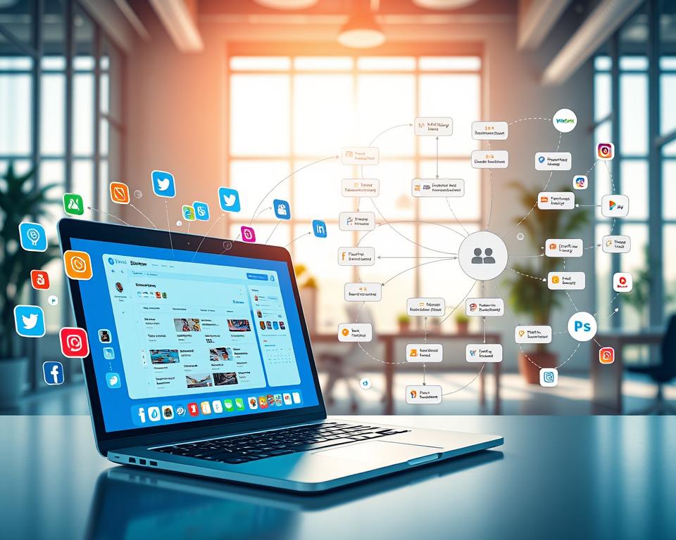 A dynamic and visually striking artwork illustrating the concept of "social media automation". In the foreground, display a sleek laptop with a vibrant screen showing Buffer's interface, featuring scheduled posts for various social media platforms. Surround the laptop with colorful icons representing different social media channels like Facebook, Twitter, and Instagram, connected by flowing digital lines symbolizing automation. In the middle ground, include an intricate flowchart representing Zapier's automation processes, with nodes labeled for tasks like "Post Scheduling" and "Cross-Platform Sharing". The background can feature a modern office setting, softly lit with natural light coming through large windows, creating a productive and innovative atmosphere. Use a slightly aerial perspective to capture the entire scene, evoking a mood of efficiency and technological advancement. A dynamic and visually striking artwork illustrating the concept of "social media automation". In the foreground, display a sleek laptop with a vibrant screen showing Buffer's interface, featuring scheduled posts for various social media platforms. Surround the laptop with colorful icons representing different social media channels like Facebook, Twitter, and Instagram, connected by flowing digital lines symbolizing automation. In the middle ground, include an intricate flowchart representing Zapier's automation processes, with nodes labeled for tasks like "Post Scheduling" and "Cross-Platform Sharing". The background can feature a modern office setting, softly lit with natural light coming through large windows, creating a productive and innovative atmosphere. Use a slightly aerial perspective to capture the entire scene, evoking a mood of efficiency and technological advancement.
