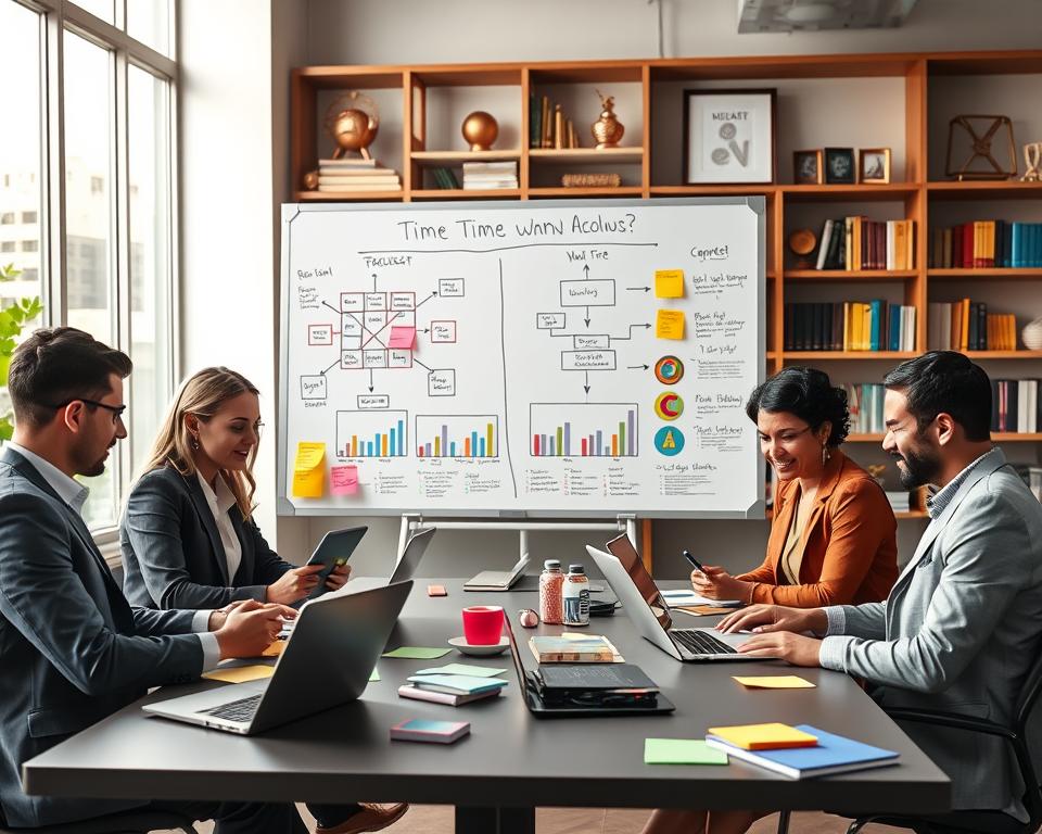 A dynamic office workspace showcasing a time tracking workflow for agency owners. In the foreground, a diverse team of three professional individuals in business attire analyze data on laptops and tablets, surrounded by colorful sticky notes and charts. In the middle, a large whiteboard displays diagrams illustrating the distinction between billable and non-billable hours, featuring flowcharts and graphs. The background includes shelves filled with books and awards, while large windows let in soft, natural light, creating a vibrant and focused atmosphere. The overall mood is one of productivity and collaboration, with a clear emphasis on organization and efficiency in managing time.