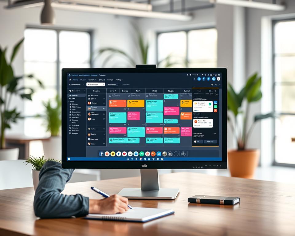 A modern and sleek workspace featuring a computer screen displaying a vibrant social media scheduling tool interface, with an aesthetically organized content calendar highlighted. In the foreground, a professional individual in business casual attire is focused on planning content, with a stylish notepad and pen by their side. The middle ground includes a colorful digital planner and various social media icons artistically arranged. The background showcases a bright, airy office with plants and soft natural lighting filtering through large windows, creating an inviting atmosphere. The mood is productive and innovative, emphasizing efficiency and creativity in social media management. Capture this scene with a slight depth of field effect to draw focus on the scheduling tools while gently blurring the background. A modern and sleek workspace featuring a computer screen displaying a vibrant social media scheduling tool interface, with an aesthetically organized content calendar highlighted. In the foreground, a professional individual in business casual attire is focused on planning content, with a stylish notepad and pen by their side. The middle ground includes a colorful digital planner and various social media icons artistically arranged. The background showcases a bright, airy office with plants and soft natural lighting filtering through large windows, creating an inviting atmosphere. The mood is productive and innovative, emphasizing efficiency and creativity in social media management. Capture this scene with a slight depth of field effect to draw focus on the scheduling tools while gently blurring the background.