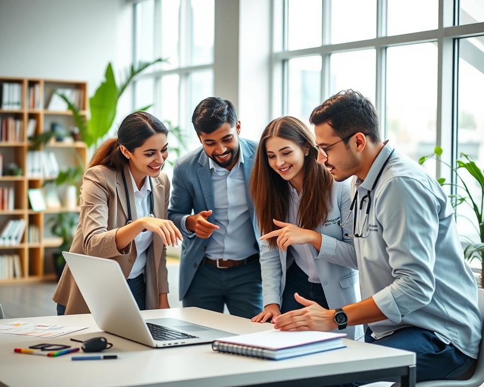A modern digital workspace showcasing collaborative learning platforms for medical students. In the foreground, a diverse group of three students, dressed in smart casual attire, are actively engaged around a sleek laptop, pointing at the screen with expressions of collaboration and focus. In the middle ground, we see a large virtual whiteboard filled with colorful diagrams and notes related to medical studies, conveying an interactive learning environment. The background features a bright, airy room with large windows letting in soft, natural light, plants for a touch of greenery, and shelves filled with medical textbooks. The overall mood is inspiring and conducive to learning, highlighting teamwork and innovation in education, captured from a slightly elevated angle to create depth.