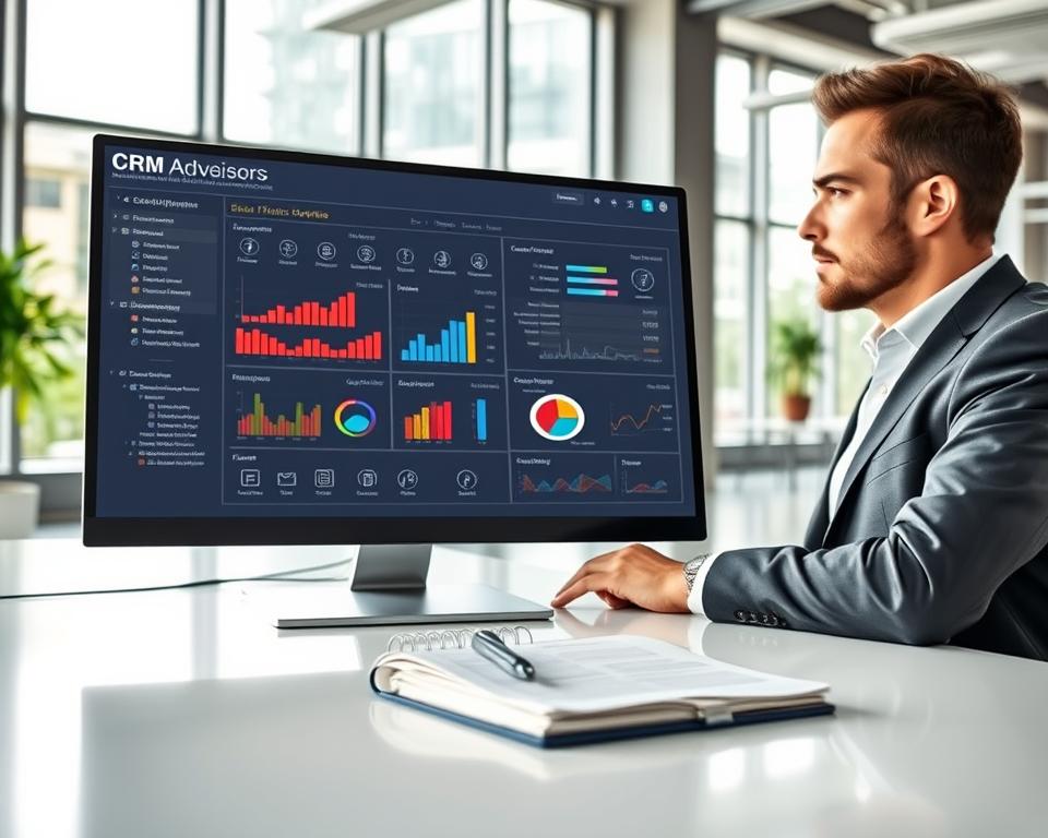 A modern financial advisor's workspace showcasing software integration between CRM and task management tools. In the foreground, a sleek desk with a high-resolution computer screen displaying an intuitive dashboard filled with graphs, charts, and interconnected software icons. A professional advisor in business attire is analyzing data, with a focused expression. In the middle ground, an elegant notepad and pen beside the computer, symbolizing task management. The background features a bright, open office with large windows letting in natural light, giving a sense of productivity and organization. The atmosphere is dynamic and motivating, with clean lines and a contemporary feel. The image captures the essence of technology aiding financial planning, emphasizing clarity and efficiency. A modern financial advisor's workspace showcasing software integration between CRM and task management tools. In the foreground, a sleek desk with a high-resolution computer screen displaying an intuitive dashboard filled with graphs, charts, and interconnected software icons. A professional advisor in business attire is analyzing data, with a focused expression. In the middle ground, an elegant notepad and pen beside the computer, symbolizing task management. The background features a bright, open office with large windows letting in natural light, giving a sense of productivity and organization. The atmosphere is dynamic and motivating, with clean lines and a contemporary feel. The image captures the essence of technology aiding financial planning, emphasizing clarity and efficiency.