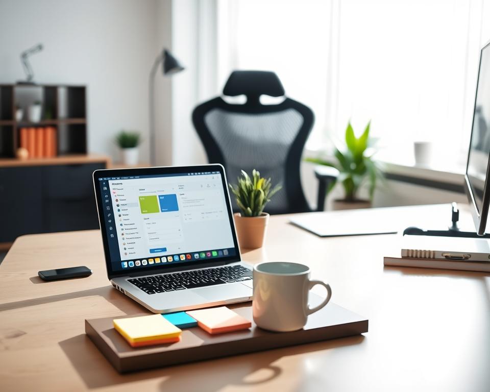 A modern home office scene focusing on a sleek, organized workspace designed for a freelancer. In the foreground, a stylish desk clutter-free with a laptop open to a task management app interface, colorful sticky notes, and a coffee mug. In the middle, a comfortable ergonomic chair and a small potted plant add warmth. The background features a bright window with natural light filtering in, illuminating the space and creating a productive atmosphere. Soft shadows play across the desk, emphasizing a sense of calm. The overall mood is motivating and inspiring, epitomizing efficient task management for freelance writers, with a color palette of soft blues, greens, and warm browns. A modern home office scene focusing on a sleek, organized workspace designed for a freelancer. In the foreground, a stylish desk clutter-free with a laptop open to a task management app interface, colorful sticky notes, and a coffee mug. In the middle, a comfortable ergonomic chair and a small potted plant add warmth. The background features a bright window with natural light filtering in, illuminating the space and creating a productive atmosphere. Soft shadows play across the desk, emphasizing a sense of calm. The overall mood is motivating and inspiring, epitomizing efficient task management for freelance writers, with a color palette of soft blues, greens, and warm browns.