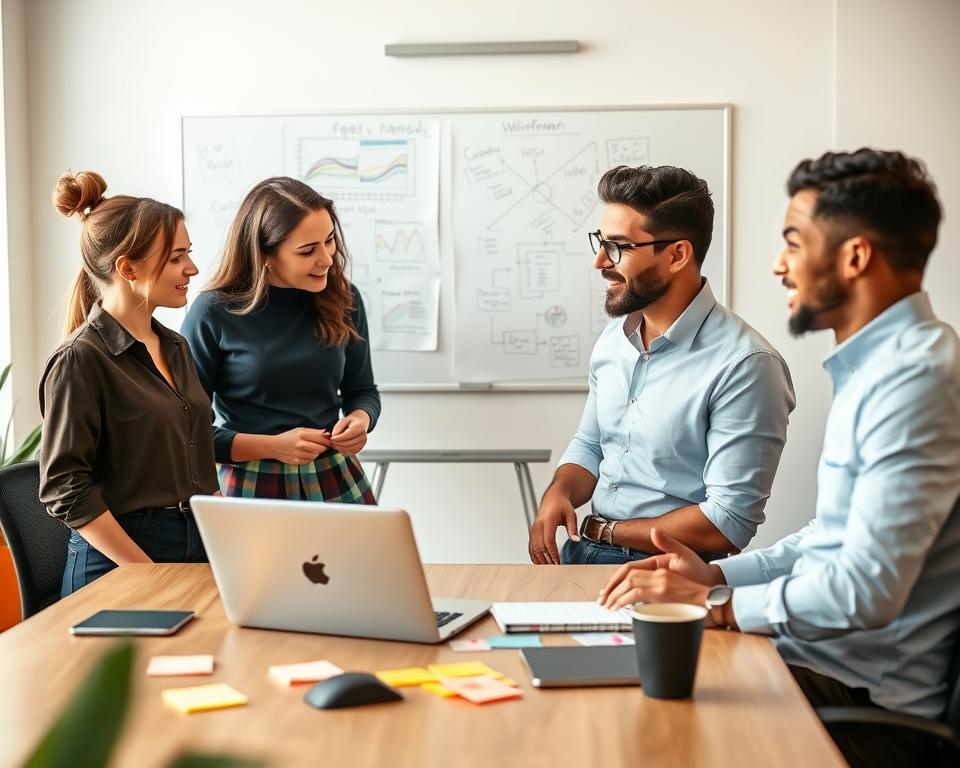 A modern office environment depicting a diverse team of four software developers engaged in a productive collaboration. In the foreground, a woman in smart casual attire discusses ideas with a man wearing a professional shirt, both looking at a laptop screen filled with colorful graphs and code snippets. In the middle, a whiteboard showcases diagrams and flowcharts, symbolizing brainstorming sessions. To the background, include a sleek desk with various productivity tools like sticky notes, a digital tablet, and a coffee cup, hinting at a dynamic workflow. Use warm, natural lighting for a welcoming atmosphere, and employ a slight depth of field to focus on the team, making them appear engaged and enthusiastic. The overall mood is collaborative and innovative. A modern office environment depicting a diverse team of four software developers engaged in a productive collaboration. In the foreground, a woman in smart casual attire discusses ideas with a man wearing a professional shirt, both looking at a laptop screen filled with colorful graphs and code snippets. In the middle, a whiteboard showcases diagrams and flowcharts, symbolizing brainstorming sessions. To the background, include a sleek desk with various productivity tools like sticky notes, a digital tablet, and a coffee cup, hinting at a dynamic workflow. Use warm, natural lighting for a welcoming atmosphere, and employ a slight depth of field to focus on the team, making them appear engaged and enthusiastic. The overall mood is collaborative and innovative.