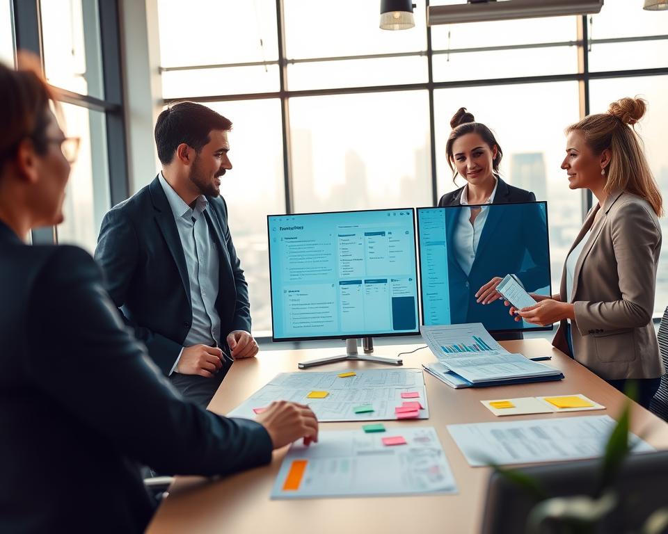 A modern office environment focusing on task management for financial planners. In the foreground, a diverse group of three professionals, a man and two women, engaged in a collaborative discussion, each wearing smart business attire. They are surrounded by digital task boards and lists displayed on sleek screens. In the middle ground, a large desk holds strategic planning materials, with colorful sticky notes and financial reports. The background features a bright, airy office with large windows showcasing a city skyline, bathed in warm, natural light. The atmosphere is focused and productive, conveying a sense of urgency and importance in financial planning tasks. A slight depth of field highlights the subjects, creating an inviting yet professional mood. A modern office environment focusing on task management for financial planners. In the foreground, a diverse group of three professionals, a man and two women, engaged in a collaborative discussion, each wearing smart business attire. They are surrounded by digital task boards and lists displayed on sleek screens. In the middle ground, a large desk holds strategic planning materials, with colorful sticky notes and financial reports. The background features a bright, airy office with large windows showcasing a city skyline, bathed in warm, natural light. The atmosphere is focused and productive, conveying a sense of urgency and importance in financial planning tasks. A slight depth of field highlights the subjects, creating an inviting yet professional mood.