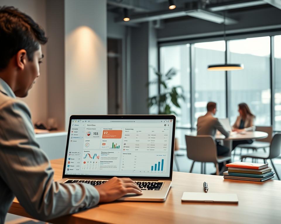 A modern office environment showcasing automated time tracking integrated with project management. In the foreground, a stylish desk with a sleek laptop displaying a time tracking dashboard alongside digital task boards. A professional businessperson of diverse ethnicity, wearing smart casual attire, reviews the project management software on the laptop. The middle ground features a large window with soft, natural light illuminating the workspace, reflecting a productive atmosphere. In the background, a collaborative team is engaged in discussion, shown at a round table filled with stationery and digital devices. The overall mood is one of efficiency and focus, with a clean and organized aesthetic that conveys a sense of innovation and connectivity in agency workflows.