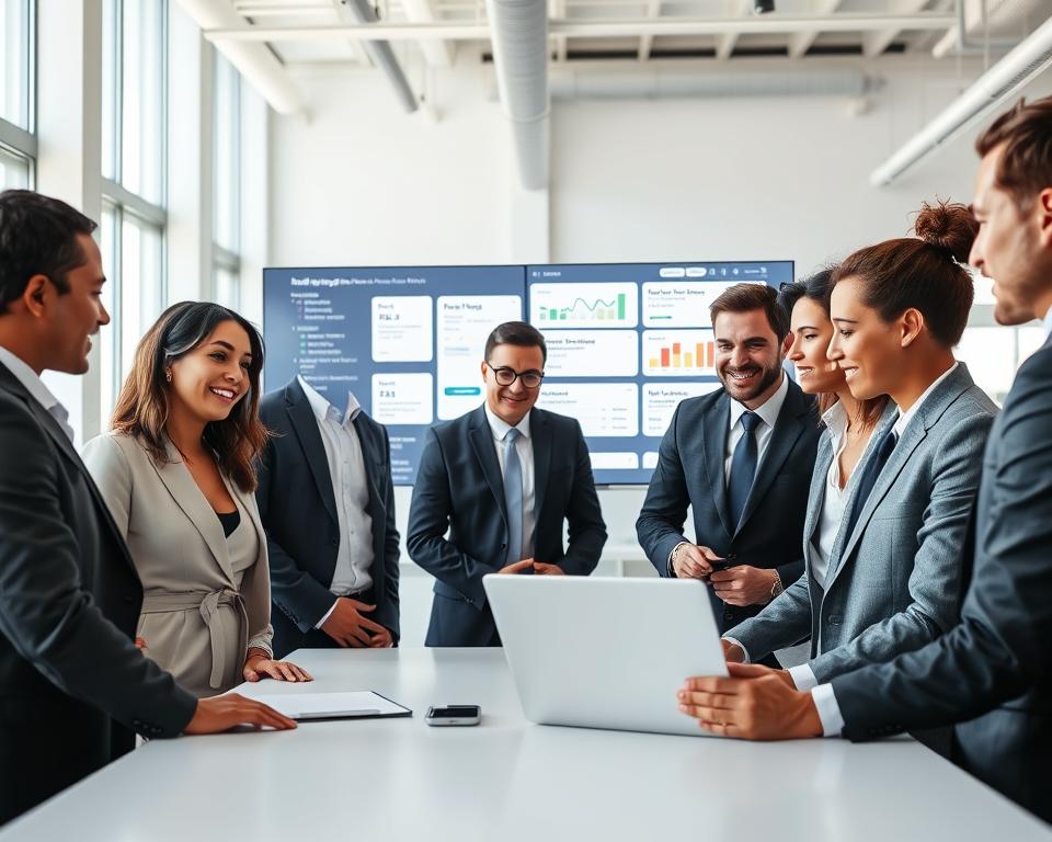 A modern office environment showcasing e-commerce automation in action. In the foreground, a diverse group of professionals in smart business attire, engaged in a collaborative discussion over a laptop displaying a Make.com interface. In the middle, sleek digital screens showing graphs, chats, and workflow automations, depicting streamlined customer support processes. The background features a bright, airy office with large windows, allowing natural light to flood the space, enhancing the atmosphere of productivity and innovation. Utilize a wide-angle lens to capture the energy of the team and the technological tools they are using. The mood is optimistic and forward-thinking, illustrating the efficiency brought by automation in customer support. A modern office environment showcasing e-commerce automation in action. In the foreground, a diverse group of professionals in smart business attire, engaged in a collaborative discussion over a laptop displaying a Make.com interface. In the middle, sleek digital screens showing graphs, chats, and workflow automations, depicting streamlined customer support processes. The background features a bright, airy office with large windows, allowing natural light to flood the space, enhancing the atmosphere of productivity and innovation. Utilize a wide-angle lens to capture the energy of the team and the technological tools they are using. The mood is optimistic and forward-thinking, illustrating the efficiency brought by automation in customer support.