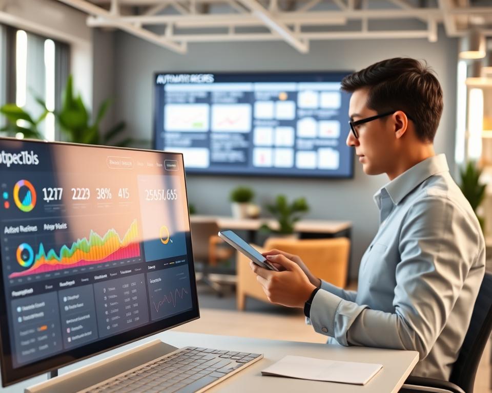 A modern office environment showcasing sales process automation. In the foreground, a sleek digital dashboard displaying various automation recipes with colorful graphs and icons related to sales metrics. The middle ground features a focused professional in business attire, analyzing data on a tablet, while beside them a large screen highlights automated workflows, seamlessly connecting tasks. The background reveals an open workspace filled with contemporary furniture, plants, and soft lighting that creates an inspiring atmosphere. Use warm, natural light to enhance the productivity feel, with a shallow depth of field to emphasize the foreground subject and dashboard. The overall mood is efficient and innovative, illustrating the concept of customization in automation for sales processes.