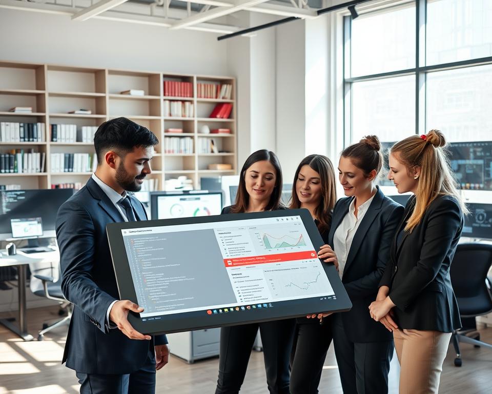 A modern office environment showcasing various error handling testing scenarios. In the foreground, a diverse group of three professionals in smart business attire—one male and two female—are collaborating over a large digital tablet displaying error logs and graphs. In the middle ground, additional testing workstations feature screens with coding interfaces and error messages prominently displayed. The background includes sleek shelves filled with technical books and monitors showing diagrams related to automation workflows. Bright, natural light floods the room from large windows, casting soft shadows. The atmosphere is focused and dynamic, highlighting innovation and teamwork in a complex problem-solving context. Capture the dimension and professionalism from a slightly elevated angle, emphasizing cooperation and analytical thinking.