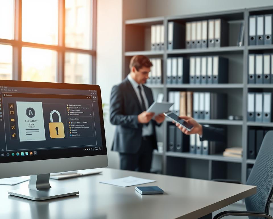 A modern office environment with a focus on document management system security. In the foreground, a sleek, high-tech workstation features a desktop computer displaying a secure user interface with locked documents. In the middle, a professional in business attire reviews digital files on a tablet, showcasing an efficient workflow. The background reveals shelves filled with neatly organized file folders, symbolizing traditional documentation. Soft, natural lighting filters in through a large window, creating an inviting yet secure atmosphere. Use a slightly elevated angle to capture the entire scene, emphasizing the balance between digital and physical document management. The overall mood is one of professionalism, efficiency, and security, perfect for illustrating document security in modern workflows. A modern office environment with a focus on document management system security. In the foreground, a sleek, high-tech workstation features a desktop computer displaying a secure user interface with locked documents. In the middle, a professional in business attire reviews digital files on a tablet, showcasing an efficient workflow. The background reveals shelves filled with neatly organized file folders, symbolizing traditional documentation. Soft, natural lighting filters in through a large window, creating an inviting yet secure atmosphere. Use a slightly elevated angle to capture the entire scene, emphasizing the balance between digital and physical document management. The overall mood is one of professionalism, efficiency, and security, perfect for illustrating document security in modern workflows.
