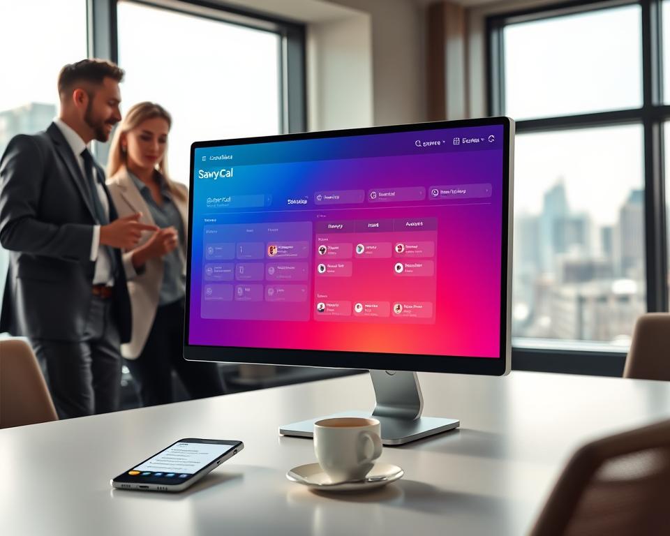 A modern office setting highlighting an appointment scheduling platform. In the foreground, a sleek computer screen displaying a vibrant interface of SavvyCal, featuring calendar views and scheduling options. To the left, a professional individual in business attire, engaged in a discussion, pointing at the screen with a thoughtful expression. The middle ground features a minimalist desk with a smartphone showing notifications from SavvyCal, alongside a coffee cup for a casual touch. The background includes large windows letting in natural light, creating a warm and inviting atmosphere, with cityscape visible outside. Use soft, diffused lighting to enhance the corporate vibe, with a slight depth of field to keep the focus on the scheduling platform and the interaction.