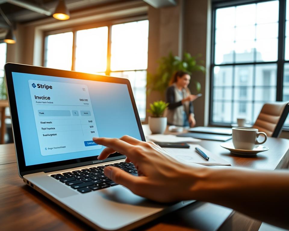 A modern office setting showcasing a sleek laptop displaying an automated invoice from Stripe on the screen. In the foreground, a hand is reaching towards the laptop's touchpad, conveying an active engagement with the device. The middle ground features a stylish desk with organized paperwork, a potted plant, and a steaming cup of coffee, enhancing a productive atmosphere. In the background, large windows allow natural light to flood the space, creating a bright and inviting ambiance. The lighting is warm and soft, highlighting the professionalism of the environment. The overall mood is efficient, modern, and inspiring, capturing the essence of seamless financial transactions.