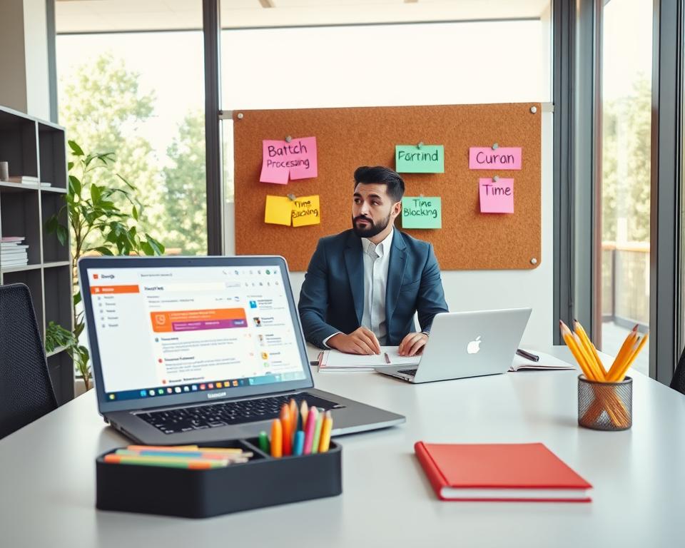 A modern office setting showcasing effective email productivity tips. In the foreground, a sleek desk is organized with a laptop displaying an inbox interface, alongside neatly arranged stationery. A professional, focused individual in smart casual attire is seen either typing or reviewing emails, with a thoughtful expression. The middle layer features a corkboard with colorful sticky notes highlighting key productivity strategies, such as "Batch Processing" and "Time Blocking." In the background, large windows allow natural light to flood the room, creating a bright and airy atmosphere. The scene conveys a sense of efficiency and clarity, inspiring viewers to optimize their email flow with vibrant colors and a clean, minimalist aesthetic. A modern office setting showcasing effective email productivity tips. In the foreground, a sleek desk is organized with a laptop displaying an inbox interface, alongside neatly arranged stationery. A professional, focused individual in smart casual attire is seen either typing or reviewing emails, with a thoughtful expression. The middle layer features a corkboard with colorful sticky notes highlighting key productivity strategies, such as "Batch Processing" and "Time Blocking." In the background, large windows allow natural light to flood the room, creating a bright and airy atmosphere. The scene conveys a sense of efficiency and clarity, inspiring viewers to optimize their email flow with vibrant colors and a clean, minimalist aesthetic.