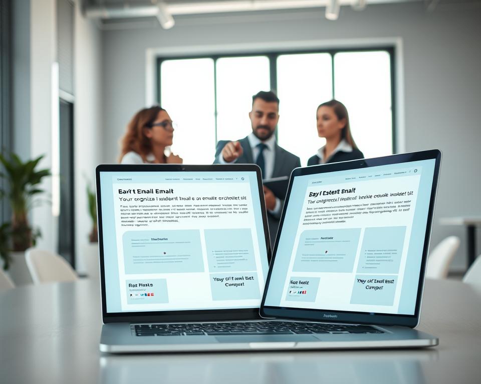 A modern office setting with a clean and professional aesthetic. In the foreground, a sleek laptop displays two different email drafts side by side, showcasing A/B testing elements. In the middle ground, a diverse group of three professionals, dressed in business attire, are gathered around a table, discussing the email content with focused expressions. One person is pointing at the screen, while another takes notes. In the background, a large window allows soft, natural light to stream in, illuminating the workspace and creating a bright atmosphere. The mood is collaborative and analytical, emphasizing the importance of optimizing email content for better marketing results. The composition should have a slight depth of field to keep the focus on the professionals and the laptop. A modern office setting with a clean and professional aesthetic. In the foreground, a sleek laptop displays two different email drafts side by side, showcasing A/B testing elements. In the middle ground, a diverse group of three professionals, dressed in business attire, are gathered around a table, discussing the email content with focused expressions. One person is pointing at the screen, while another takes notes. In the background, a large window allows soft, natural light to stream in, illuminating the workspace and creating a bright atmosphere. The mood is collaborative and analytical, emphasizing the importance of optimizing email content for better marketing results. The composition should have a slight depth of field to keep the focus on the professionals and the laptop.