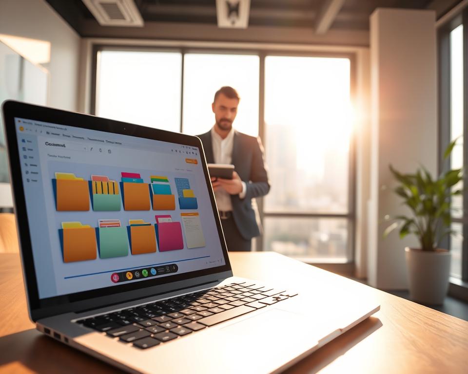 A modern office space showcasing document management automation. In the foreground, a sleek laptop displays an organized digital filing system on its screen, with colorful folders neatly arranged. The middle-ground features a professional realtor, dressed in business attire, interacting with a tablet, demonstrating ease of access to documents. Behind them, a large window reveals a bright cityscape, with natural sunlight streaming in, creating a warm atmosphere. Soft shadows add depth to the scene, while a potted plant in the corner enhances the freshness of the environment. The overall mood is one of efficiency and professionalism, highlighting the integration of technology in real estate workflows.