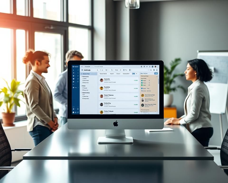 A modern office workspace featuring a computer screen displaying ClickUp's task management interface. In the foreground, a diverse group of four professionals, dressed in smart casual attire, are engaged in a brainstorming session around a stylish conference table. The middle section showcases the computer screen clearly showing tasks, deadlines, and project timelines – with vibrant colors and user-friendly interface elements. Soft, natural lighting filters through large windows, creating a warm, inviting atmosphere. In the background, a whiteboard filled with notes and a plant adds a touch of greenery, emphasizing productivity and creativity. The scene conveys collaboration and organization, ideal for illustrating ClickUp's task management capabilities.
