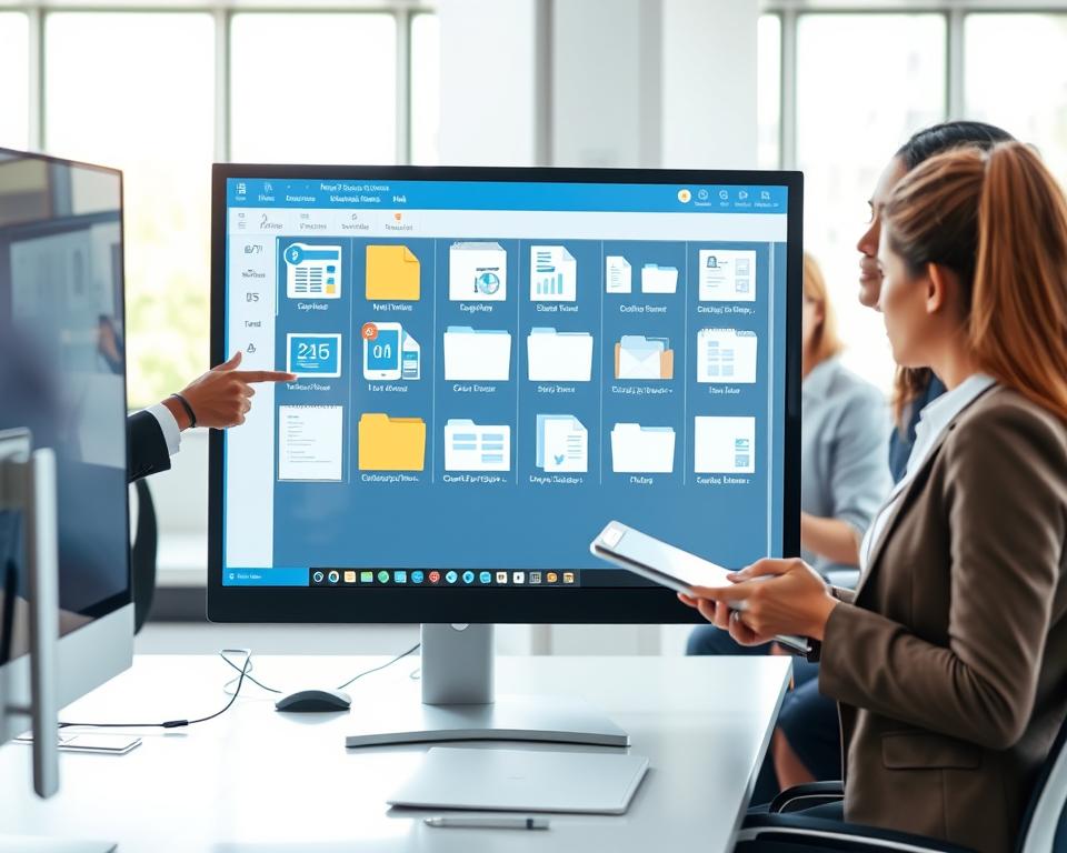 A modern office workspace featuring a computer screen displaying advanced document sorting software. In the foreground, a diverse team of three professionals in business attire is engaged in collaboration; one person is pointing at the screen, while another is taking notes on a digital tablet. The middle ground showcases various digital documents and files being organized on the screen, illustrating an intuitive user interface with clear labels and vibrant colors. In the background, a bright and airy office environment with large windows allows natural light to flood in, enhancing a productive atmosphere. The image has a focus on teamwork and efficiency, radiating a sense of innovation and professionalism, captured from a slightly elevated angle to provide depth and perspective. A modern office workspace featuring a computer screen displaying advanced document sorting software. In the foreground, a diverse team of three professionals in business attire is engaged in collaboration; one person is pointing at the screen, while another is taking notes on a digital tablet. The middle ground showcases various digital documents and files being organized on the screen, illustrating an intuitive user interface with clear labels and vibrant colors. In the background, a bright and airy office environment with large windows allows natural light to flood in, enhancing a productive atmosphere. The image has a focus on teamwork and efficiency, radiating a sense of innovation and professionalism, captured from a slightly elevated angle to provide depth and perspective.