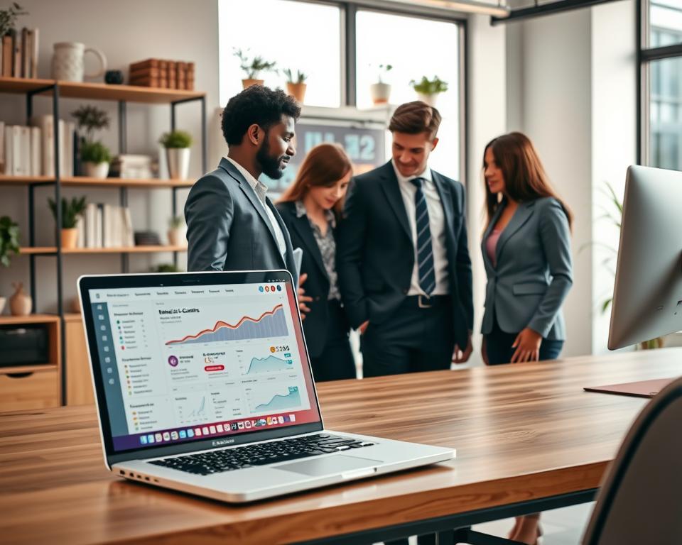 A modern office workspace, featuring a sleek computer desk with a laptop displaying a user-friendly email list management software interface. In the foreground, a diverse group of three professionals, dressed in smart business attire, collaborate actively, studying data charts and managing contacts. The middle of the scene showcases a wall-mounted screen displaying dynamic visuals of synchronized CRM contacts and email campaign metrics. In the background, shelves filled with books and plants give a warm and inviting atmosphere, illuminated by soft, natural lighting from large windows. The angle should capture the team’s engagement and focus, radiating a sense of teamwork and efficiency, ideal for a productive work environment dedicated to best practices in data management.