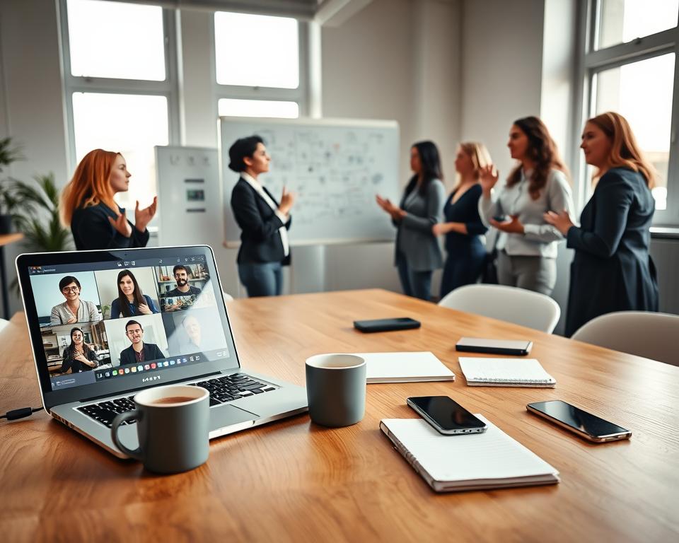 A modern office workspace filled with essential startup communication tools. In the foreground, a sleek wooden table features a laptop open with video conferencing software displayed, smartphones, and digital tablets. A coffee cup sits beside a notepad filled with ideas. In the middle ground, a diverse group of professionals in business attire engages in animated discussion, using gestures to emphasize points, surrounded by a whiteboard filled with brainstorming sketches. In the background, large windows let in natural light, illuminating the bright, minimalist office décor. The mood is vibrant yet focused, embodying collaboration and innovation. Ensure the overall composition is clean and inviting, showcasing tools that enhance connectivity and productivity in a startup environment. A modern office workspace filled with essential startup communication tools. In the foreground, a sleek wooden table features a laptop open with video conferencing software displayed, smartphones, and digital tablets. A coffee cup sits beside a notepad filled with ideas. In the middle ground, a diverse group of professionals in business attire engages in animated discussion, using gestures to emphasize points, surrounded by a whiteboard filled with brainstorming sketches. In the background, large windows let in natural light, illuminating the bright, minimalist office décor. The mood is vibrant yet focused, embodying collaboration and innovation. Ensure the overall composition is clean and inviting, showcasing tools that enhance connectivity and productivity in a startup environment.