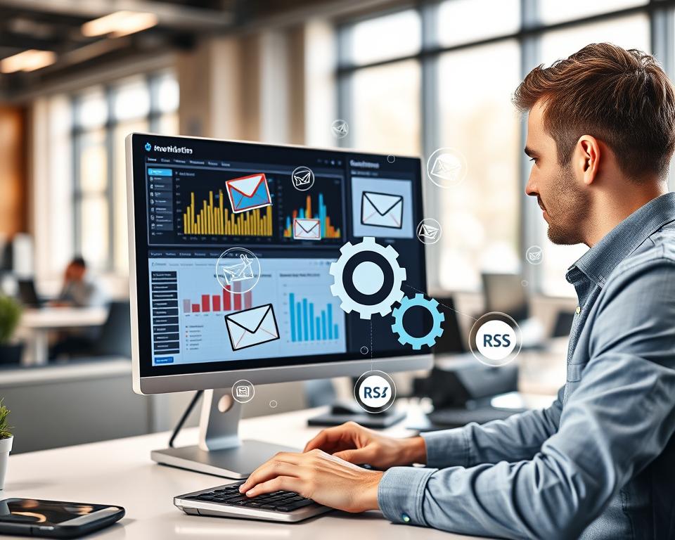 A modern office workspace showcasing email marketing automation, featuring a sleek computer screen displaying an intricate dashboard of automated newsletter analytics. In the foreground, a focused business professional in smart casual attire is troubleshooting on the keyboard, surrounded by colorful graphs and charts on the screen. In the middle, various digital elements like email icons, gears symbolizing automation, and RSS feed symbols float around, representing the integration of technology. In the background, a blurred office environment with bright, natural lighting streams through large windows, creating an inviting atmosphere. The scene conveys a mood of efficiency and innovation, capturing the essence of solving common email marketing challenges while emphasizing precision and professionalism.