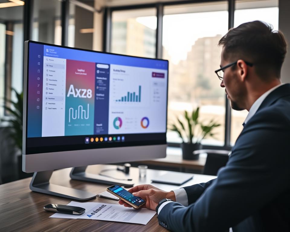 A modern office workspace with a sleek desktop computer displaying a vibrant dashboard for lead management automation. In the foreground, a professional realtor, dressed in smart business attire, intently analyzes data on the screen, highlighting metrics and graphs. In the middle, a stylish desk with a few paper documents and a smartphone showcasing notifications and leads. The background reveals a large window with natural light streaming in, illuminating the workspace and creating a warm, inviting atmosphere. Soft reflections from the glass add depth, while a subtle focus effect emphasizes the realtor's concentration on their tasks. The overall mood is one of productivity and efficiency, symbolizing the power of automation in managing leads.