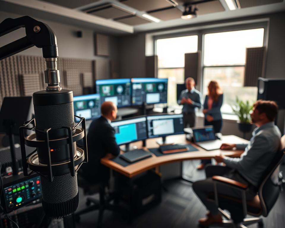 A modern podcasting studio showcasing automation, in the foreground a sleek microphone connected to a high-tech audio interface, glowing lights indicating active functions. In the middle, a workstation cluttered with digital displays showing automated editing software and analytics dashboards, surrounded by professional business attire-clad individuals engaged in discussion, highlighting collaboration. In the background, soundproof walls adorned with acoustic panels and a large window allowing natural light to stream in, creating a warm and inviting atmosphere. The room is filled with a creative energy, symbolizing productivity and innovation with a soft focus for a professional mood, shot with a wide-angle lens to capture the collaborative environment.