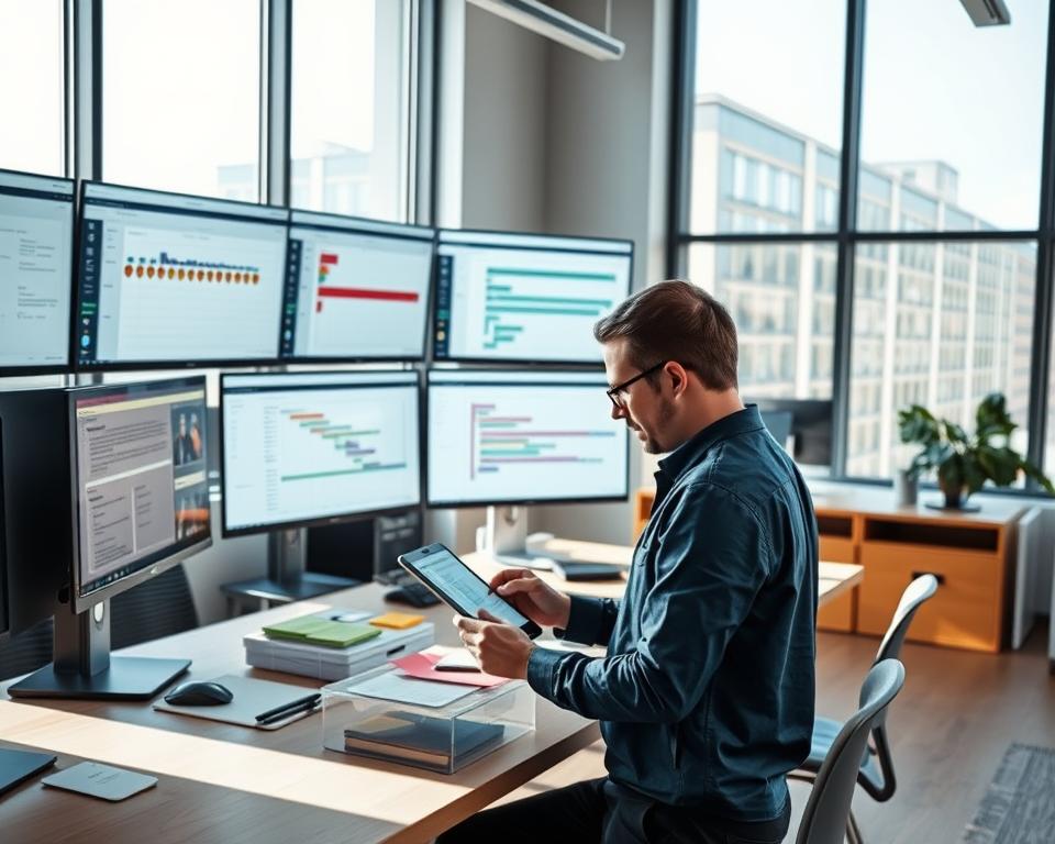 A modern research organization office space, showcasing an array of sleek computer screens displaying project timelines, Gantt charts, and task management software interfaces. In the foreground, a focused research professional in smart casual attire is engaged with a digital tablet, taking notes on deadlines and project statuses. The middle ground features a large collaborative table with colorful sticky notes and clear file organizers, while large windows in the background allow natural light to flood the room, enhancing productivity. Soft shadows create a calm atmosphere, and the overall color palette is a blend of cool blues and warm wood tones, evoking a sense of efficiency and innovation. The scene captures the essence of a dynamic workspace dedicated to tracking academic projects and deadlines. A modern research organization office space, showcasing an array of sleek computer screens displaying project timelines, Gantt charts, and task management software interfaces. In the foreground, a focused research professional in smart casual attire is engaged with a digital tablet, taking notes on deadlines and project statuses. The middle ground features a large collaborative table with colorful sticky notes and clear file organizers, while large windows in the background allow natural light to flood the room, enhancing productivity. Soft shadows create a calm atmosphere, and the overall color palette is a blend of cool blues and warm wood tones, evoking a sense of efficiency and innovation. The scene captures the essence of a dynamic workspace dedicated to tracking academic projects and deadlines.
