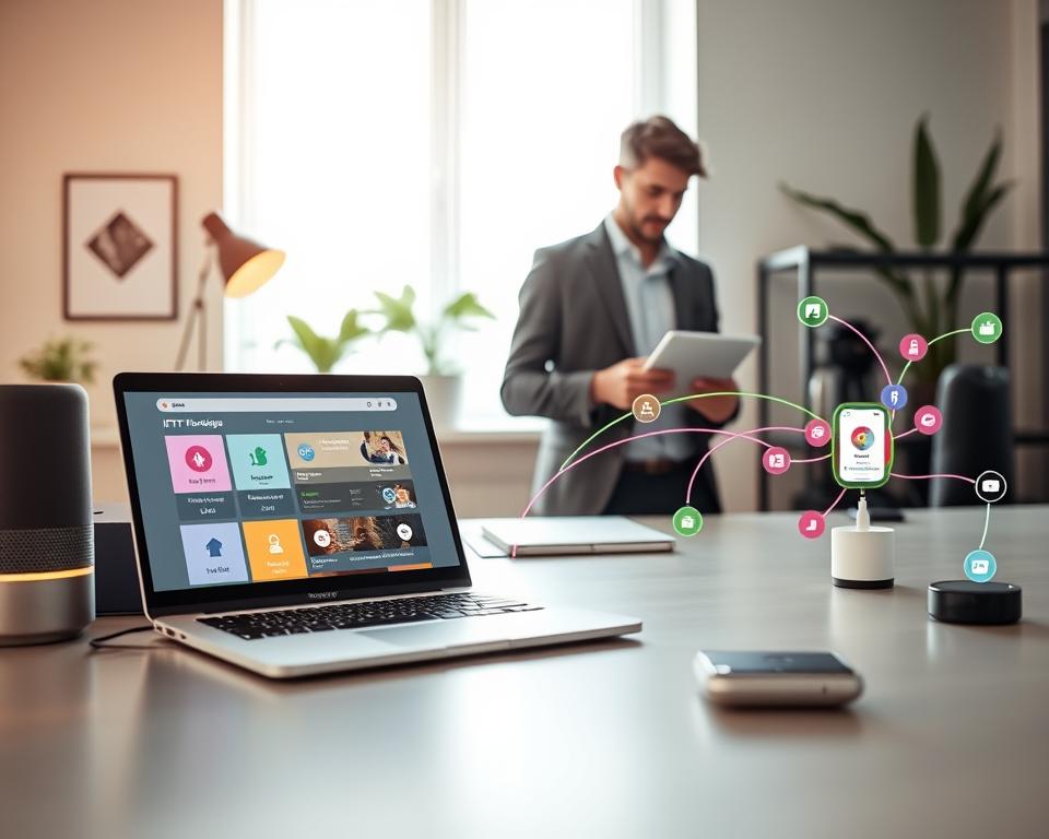 A modern, sleek home office setup, focusing on the integration of IFTTT productivity tools. In the foreground, a stylish desk with a laptop open, displaying a vibrant IFTTT app interface. Nearby, various connected devices like smart speakers, lights, and a coffee maker, illustrating their active connections through colorful visual lines representing data flow. In the middle, a professional individual in smart casual attire interacts with a tablet, showcasing a seamless integration between various applications. The background features a bright window with soft, natural light streaming in, illuminating the workspace and creating a warm, productive atmosphere. The overall mood is modern, efficient, and innovative, highlighting the capabilities of IFTTT in enhancing productivity in a smart home office. Aim for a clean, contemporary aesthetic with a focus on functionality and connectivity. A modern, sleek home office setup, focusing on the integration of IFTTT productivity tools. In the foreground, a stylish desk with a laptop open, displaying a vibrant IFTTT app interface. Nearby, various connected devices like smart speakers, lights, and a coffee maker, illustrating their active connections through colorful visual lines representing data flow. In the middle, a professional individual in smart casual attire interacts with a tablet, showcasing a seamless integration between various applications. The background features a bright window with soft, natural light streaming in, illuminating the workspace and creating a warm, productive atmosphere. The overall mood is modern, efficient, and innovative, highlighting the capabilities of IFTTT in enhancing productivity in a smart home office. Aim for a clean, contemporary aesthetic with a focus on functionality and connectivity.
