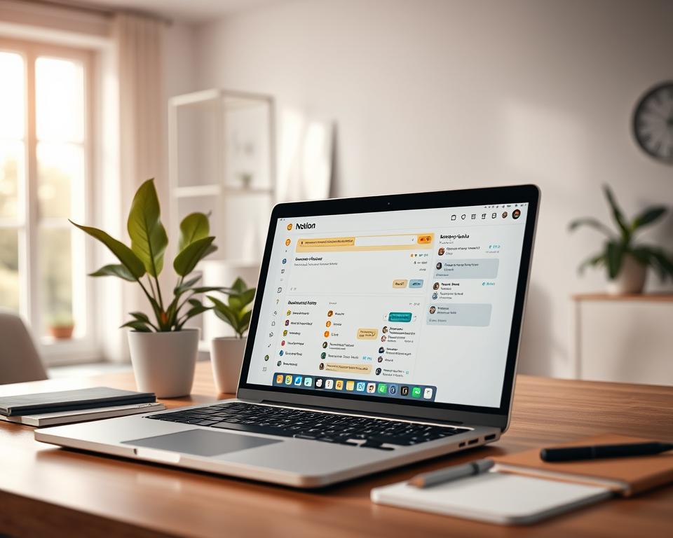 A modern workspace depicting a well-organized digital screen displaying Notion shortcuts for project management, with various task icons and color-coded elements highlighted. In the foreground, a sleek laptop with an open Notion interface showing a Kanban board and calendar view, surrounded by notebooks and stationery. The middle ground features a vibrant plant adding a touch of nature, enhancing the productivity environment. In the background, a softly lit room with minimalistic decor and a bright window letting in natural daylight, creating an inviting atmosphere. The mood should be one of clarity and focus, ideal for optimizing project management efficiency. Use a sharp focus lens with a warm color palette to highlight the professional yet calming setting.