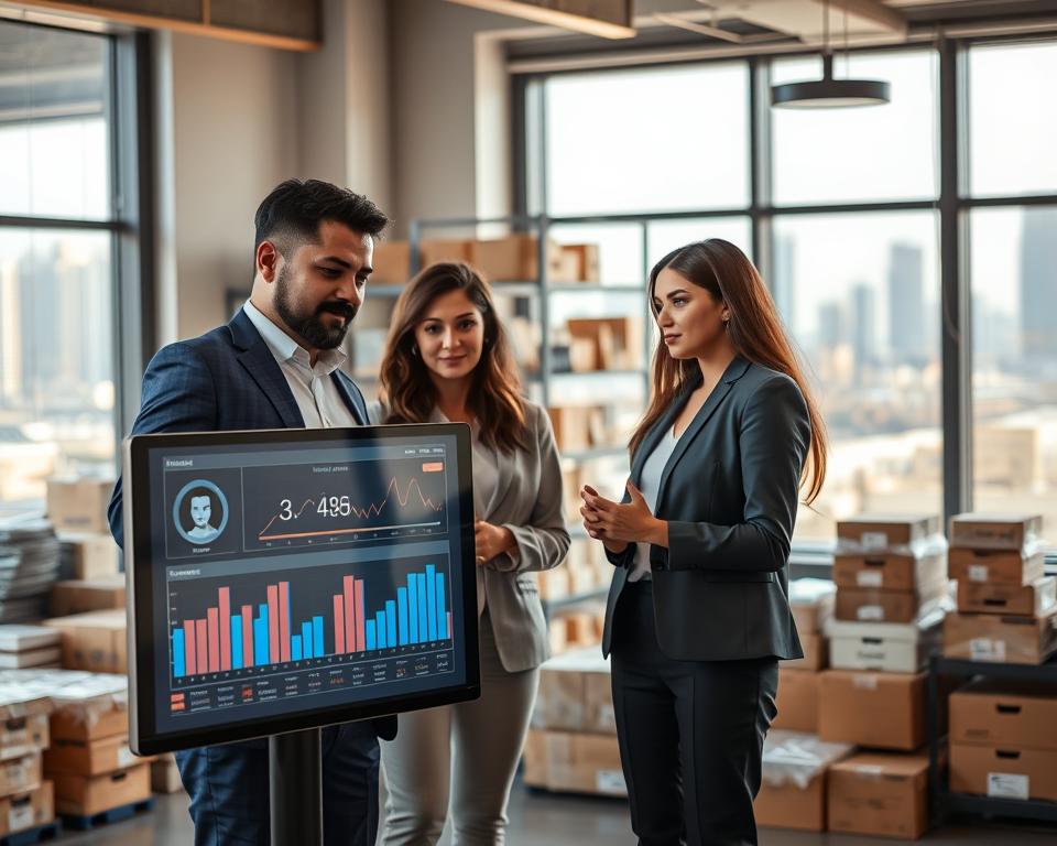 A modern workspace depicting inventory management for startups, featuring a diverse group of three business professionals (a man and two women) dressed in smart casual attire. In the foreground, they are gathered around a high-tech digital screen displaying graphs and inventory data. The middle ground shows shelves stocked with various products, labeled boxes, and organized supplies, emphasizing efficient inventory management. The background features large windows letting in natural light, with a city skyline visible beyond, enhancing the entrepreneurial atmosphere. Soft, warm lighting creates an inviting mood, while a slight depth of field focuses on the team’s engagement with the inventory system, showcasing collaboration and innovation in their startup environment. A modern workspace depicting inventory management for startups, featuring a diverse group of three business professionals (a man and two women) dressed in smart casual attire. In the foreground, they are gathered around a high-tech digital screen displaying graphs and inventory data. The middle ground shows shelves stocked with various products, labeled boxes, and organized supplies, emphasizing efficient inventory management. The background features large windows letting in natural light, with a city skyline visible beyond, enhancing the entrepreneurial atmosphere. Soft, warm lighting creates an inviting mood, while a slight depth of field focuses on the team’s engagement with the inventory system, showcasing collaboration and innovation in their startup environment.