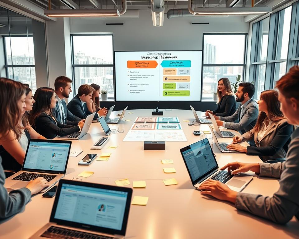 A modern workspace featuring a sleek conference table surrounded by professional individuals dressed in business attire, engaged in a lively discussion about client management tools. In the foreground, a variety of communication tools like laptops, tablets, sticky notes, and digital project boards are visible, showcasing Basecamp and Teamwork interfaces. In the middle ground, a large screen displays a colorful infographic comparing the two platforms, while the background has large windows letting in natural light, creating a bright and inviting atmosphere. The scene conveys collaboration and teamwork, with warm lighting enhancing the sense of productivity and focus. A wide-angle perspective captures the energy of the meeting, making it feel dynamic and inclusive.