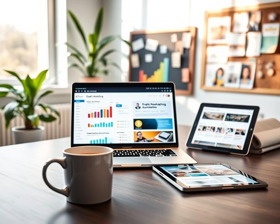 A modern workspace featuring a sleek desk with a laptop displaying an open email marketing automation dashboard. In the foreground, a stylish coffee mug and a tablet showing newsletter design templates. In the middle, vibrant charts and graphs representing analytics and audience engagement, along with snippets of customizable newsletter designs, like color palettes and layout options. The background showcases a bright window with soft, natural light streaming in, illuminating a green plant and a bulletin board filled with creative inspiration. The atmosphere is productive and innovative, evoking a sense of potential and creativity in email marketing. The scene is captured from a slightly elevated angle, focusing on the desk and the laptop, inviting the viewer into the world of customized digital communication.