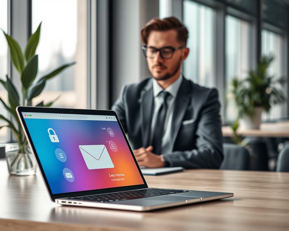 A modern workspace showcasing data protection in email clients. In the foreground, a sleek laptop displays a vibrant email interface with visual metaphors for user control, such as lock symbols and shield icons. The middle ground features a confident business professional in smart attire, reviewing data management options on the screen, looking engaged and thoughtful. The background presents a stylish office with soft natural lighting, creating an atmosphere of focus and professionalism, with plants and a blurred view of a city through large windows. The image captures a sense of security and user empowerment in digital communication.