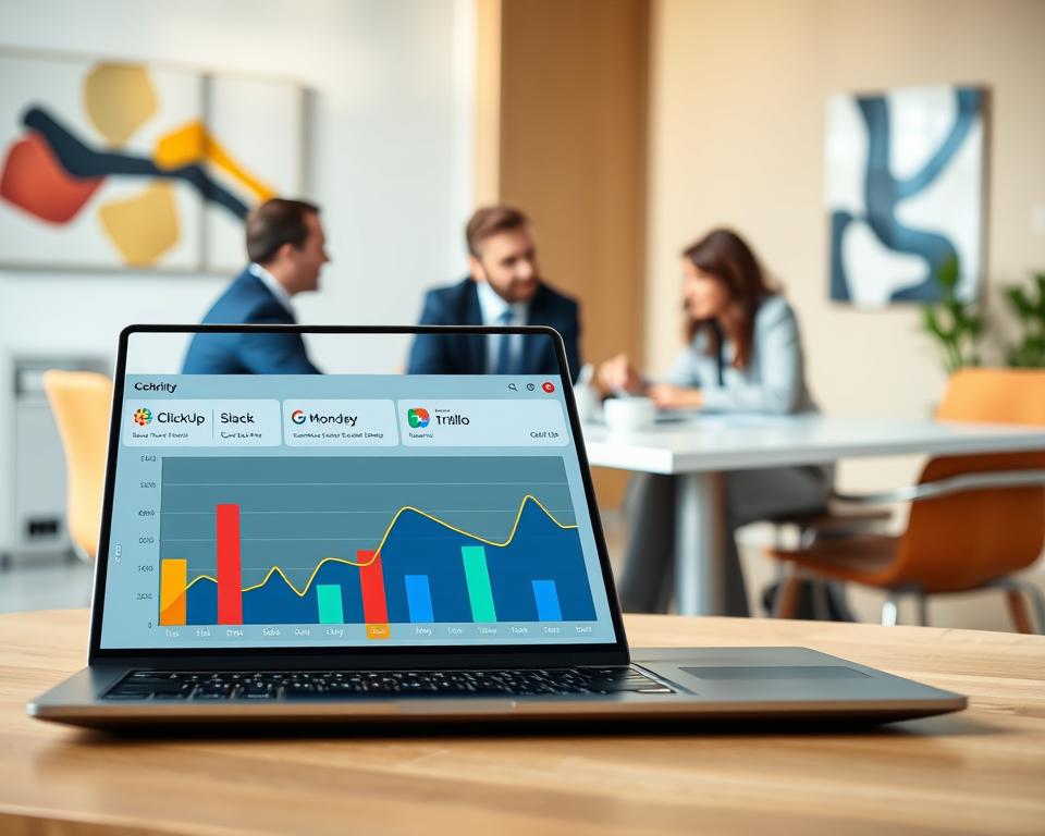 A modern workspace showcasing project management software integrations. In the foreground, a sleek laptop displays colorful graphs representing various software tools like ClickUp and Monday, with visible icons for Slack, Google Drive, and Trello integrated. In the middle ground, a diverse group of three professionals, dressed in smart business attire, work collaboratively at a large table, discussing ideas. The background features a bright office with abstract wall art and a large window allowing natural light to flood the space, creating an inspiring atmosphere. The scene is captured from a slightly elevated angle, highlighting the interaction among people and technology, suggesting synergy and collaboration. The overall mood is energetic and focused, emphasizing productivity in modern project management.
