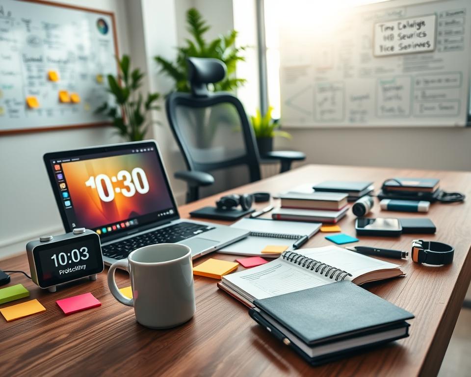 A modern workspace with an emphasis on time management tools for developers. In the foreground, a sleek wooden desk is cluttered with a high-tech laptop displaying productivity software, colorful sticky notes, and a stylish planner. A digital clock showing the time prominently sits beside a coffee mug, creating a sense of urgency. In the middle, an ergonomic chair is visible, hinting at comfort and efficiency. Scattered around are gadgets like a smartwatch and noise-canceling headphones. The background features a large whiteboard filled with brainstorming ideas and a vibrant green plant, adding a touch of nature. The lighting is bright and inviting, with a soft glow from a nearby window, creating a positive and focused atmosphere. The angle is slightly elevated, capturing the organized chaos and creativity of a developer’s workspace. A modern workspace with an emphasis on time management tools for developers. In the foreground, a sleek wooden desk is cluttered with a high-tech laptop displaying productivity software, colorful sticky notes, and a stylish planner. A digital clock showing the time prominently sits beside a coffee mug, creating a sense of urgency. In the middle, an ergonomic chair is visible, hinting at comfort and efficiency. Scattered around are gadgets like a smartwatch and noise-canceling headphones. The background features a large whiteboard filled with brainstorming ideas and a vibrant green plant, adding a touch of nature. The lighting is bright and inviting, with a soft glow from a nearby window, creating a positive and focused atmosphere. The angle is slightly elevated, capturing the organized chaos and creativity of a developer’s workspace.