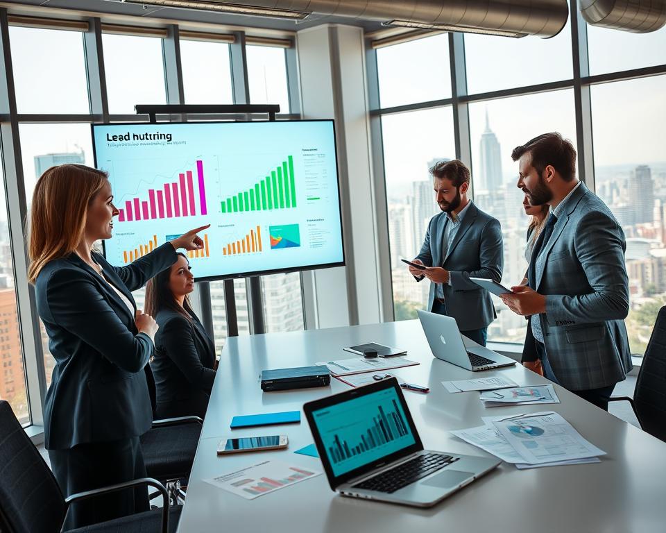 A professional office environment featuring a diverse group of business professionals engaged in a vibrant meeting to discuss lead nurturing strategies. In the foreground, a confident woman in business attire points at a large screen displaying colorful graphs and metrics, showcasing success in lead nurturing. To her right, a focused man takes notes on a laptop, while another team member stands nearby, holding a tablet filled with data analytics. The middle ground includes a sleek conference table strewn with digital devices and marketing materials. The background is filled with large windows letting in natural light, creating an uplifting atmosphere with a view of a bustling cityscape. The scene conveys collaboration, innovation, and achievement, emphasizing teamwork in measuring success. Use a wide-angle lens to capture the dynamic layout and ensure the lighting is bright and professional, enhancing the overall mood.