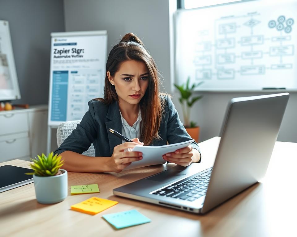 A professional office environment featuring a well-organized desk with a laptop open to a Zapier dashboard displaying common automation workflows. In the foreground, a focused young woman in business casual attire, lightly frowning while examining the screen, holding a notepad and pen to jot down issues. The middle layer shows various colorful sticky notes on the desk listing troubleshooting tips, along with a coffee cup and a small potted plant. The background features a soft-focus view of a whiteboard with diagrams related to automation processes. Bright, natural lighting from a window illuminates the scene, adding a sense of clarity and motivation. The mood is one of concentration and problem-solving.
