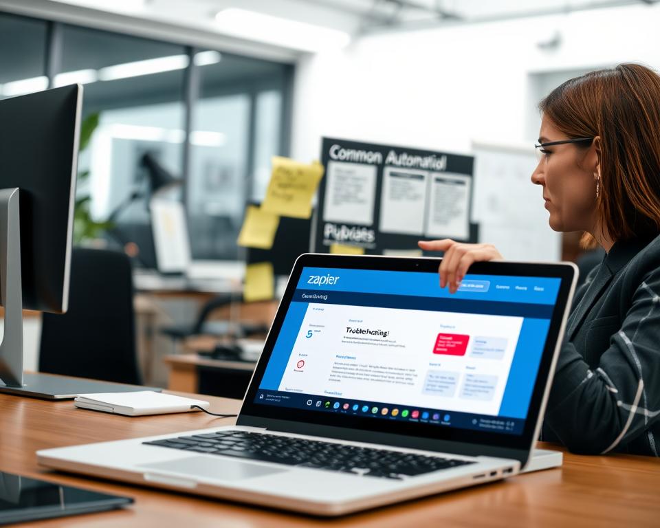 A professional office environment is depicted, focusing on a laptop displaying the Zapier interface, showcasing various automation workflows. In the foreground, a business person in smart casual attire examines the screen with a thoughtful expression, pointing at a troubleshooting alert. The middle layer features sticky notes and charts outlining common issues with automation, symbolizing problem-solving. The background reveals a clean, organized workspace with soft lighting, creating a calm and focused atmosphere. The image incorporates a slight lens blur to emphasize the subject while highlighting the details on the laptop screen. Overall, the mood conveys a sense of proactive troubleshooting and collaborative problem-solving in a small business context.